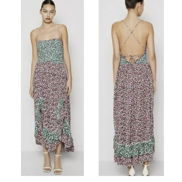 Free People Floral Maxi Smocked Cross Open Back Dress Large NEW - Picture 1 of 12